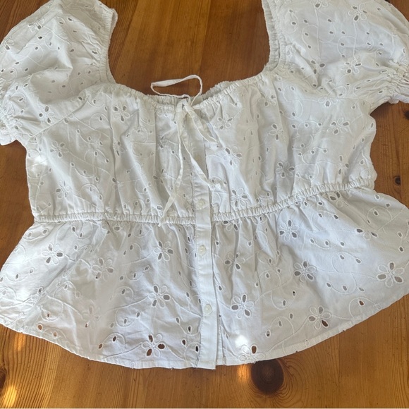 NWT American Eagle Outfitters Summer Eyelet Poof sleeves cotton women L cropped - Picture 1 of 16